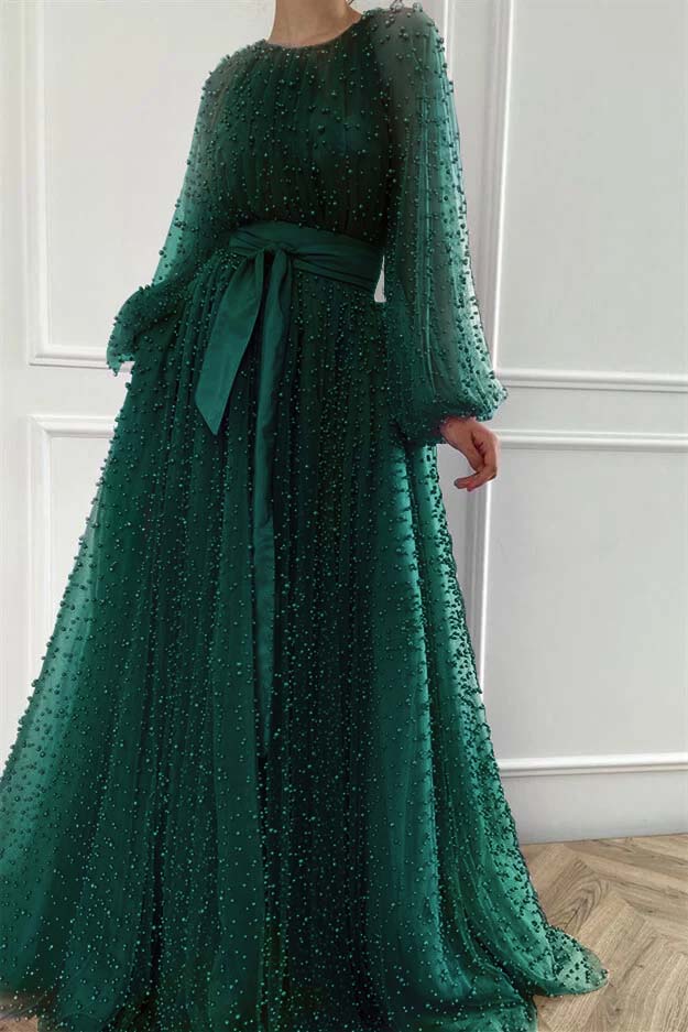 Long Sleeves Long Jewel Neck Formal Dress With Pleated Beading