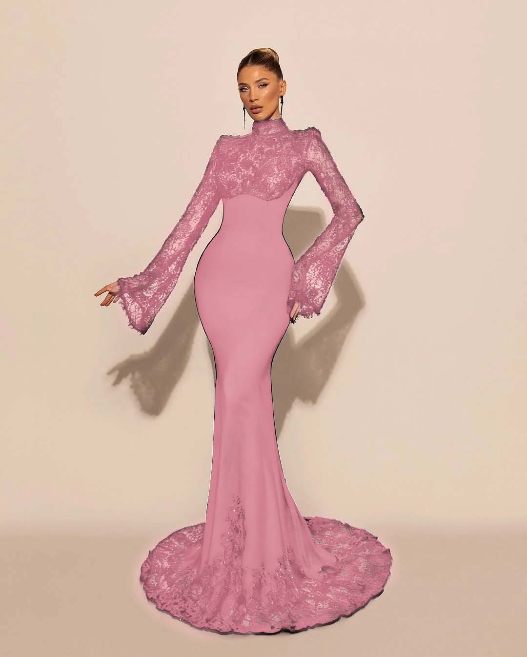 High Neck Lace Long Sleeves Long Mermaid Formal Dress With Pleated