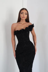 Black One Shoulder Sleeveless Lace Appliques Mermaid Long Formal Dress