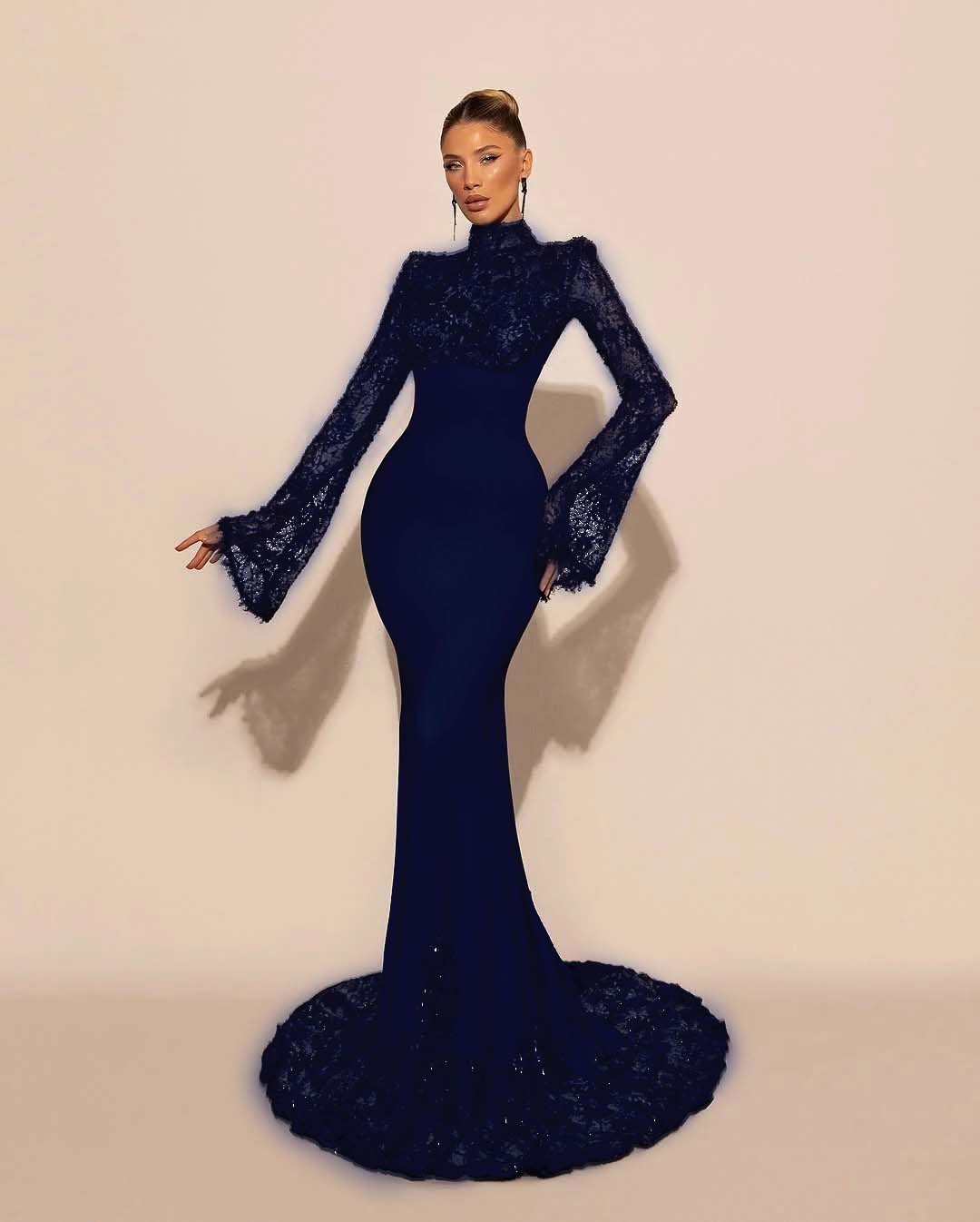 High Neck Lace Long Sleeves Long Mermaid Formal Dress With Pleated