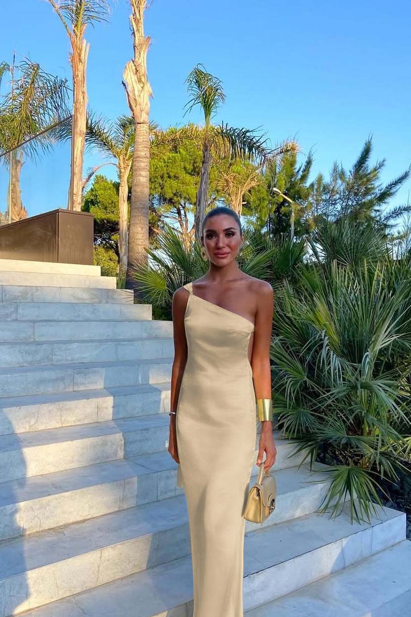 One Shoulder Backless Sleeveless Long Formal Dress With Pleated