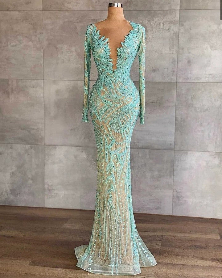 Light Blue Mermaid Beaded Tulle Formal Dress Long Sleeves With Sequins