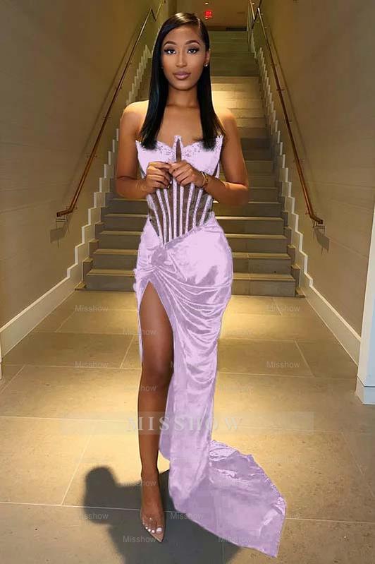 Strapless Sleeveless Long Mermaid Formal Dress With Split Pleated