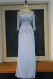 Floor Length A-line Scoop Long Sleeves Sequined Chiffon Prom Dresses