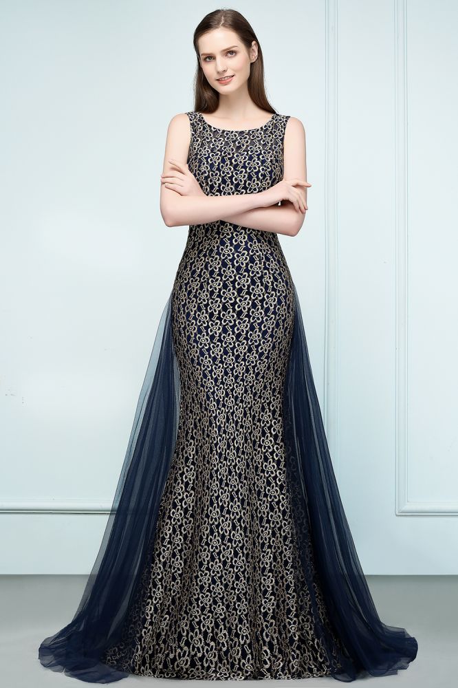 Looking for Prom Dresses in Tulle,Lace, Mermaid style, and Gorgeous Lace work  MISSHOW has all covered on this elegant Floor Length Gold Mermaid Sleevless Crew Lace Prom Dresses.