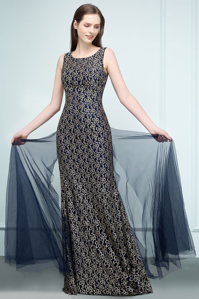 Looking for Prom Dresses in Tulle,Lace, Mermaid style, and Gorgeous Lace work  MISSHOW has all covered on this elegant Floor Length Gold Mermaid Sleevless Crew Lace Prom Dresses.