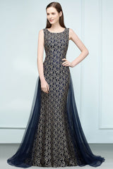 Looking for Prom Dresses in Tulle,Lace, Mermaid style, and Gorgeous Lace work  MISSHOW has all covered on this elegant Floor Length Gold Mermaid Sleevless Crew Lace Prom Dresses.