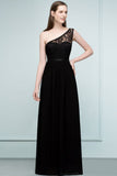 Floor Length Lace Chiffon A-line One-shoulder Bridesmaid Dresses with Sash