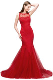 Floor Length Mermaid Illusion Neckline Sleeveless Tulle Lace Prom Dresses
