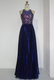 Floor Length Sequined A-line Crew Sleeveless Crystal Beading Prom Dresses