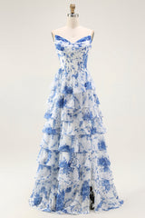 Floral Blue A-Line Corset Tiered Long Chiffon Prom Dress with Slit