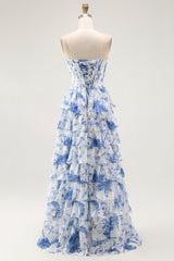 Floral Blue A-Line Corset Tiered Long Chiffon Prom Dress with Slit