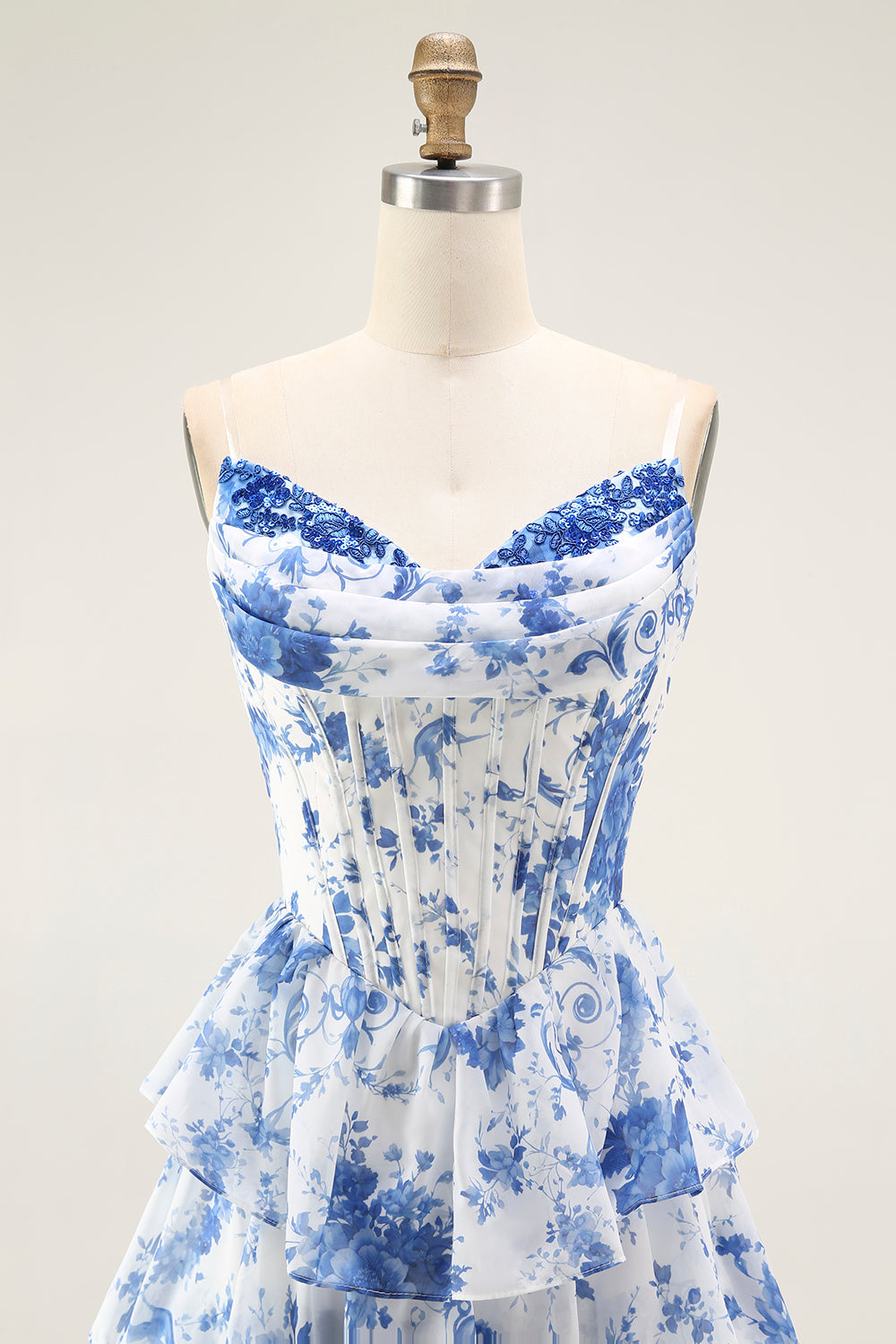 Floral Blue A-Line Corset Tiered Long Chiffon Prom Dress with Slit