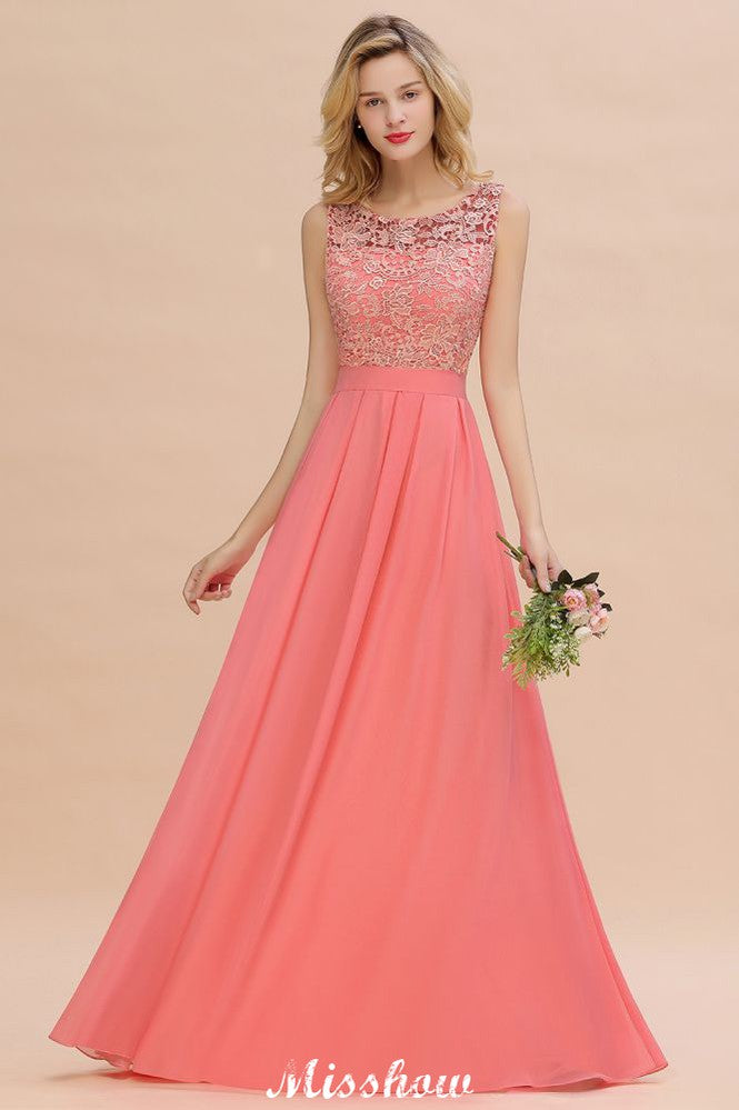 Floral Lace A-line Simple Wedding Dress Sleeveless Maxi Bridesmaid Dress-misshow.com