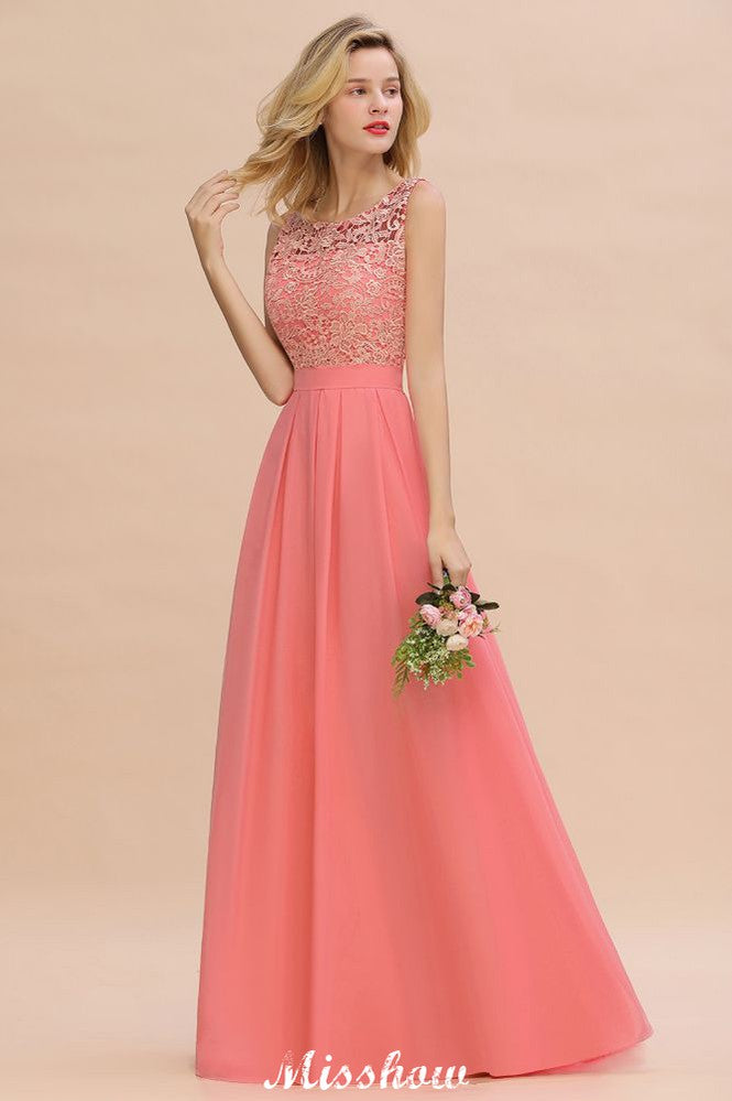 Floral Lace A-line Simple Wedding Dress Sleeveless Maxi Bridesmaid Dress-misshow.com