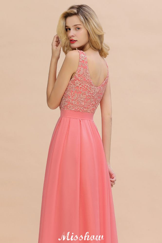 Floral Lace A-line Simple Wedding Dress Sleeveless Maxi Bridesmaid Dress-misshow.com