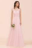 Floral Lace Bridesmaid Dress Pink A-line Wedding Party Dress-misshow.com