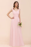 Floral Lace Bridesmaid Dress Pink A-line Wedding Party Dress-misshow.com