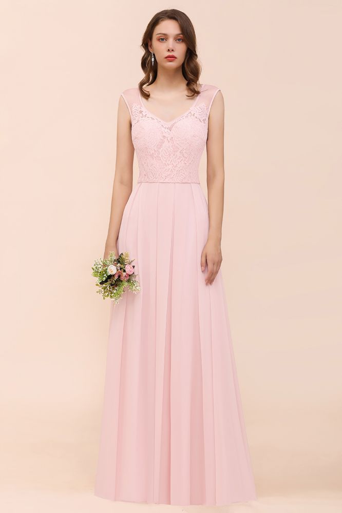 Floral Lace Bridesmaid Dress Pink A-line Wedding Party Dress-misshow.com
