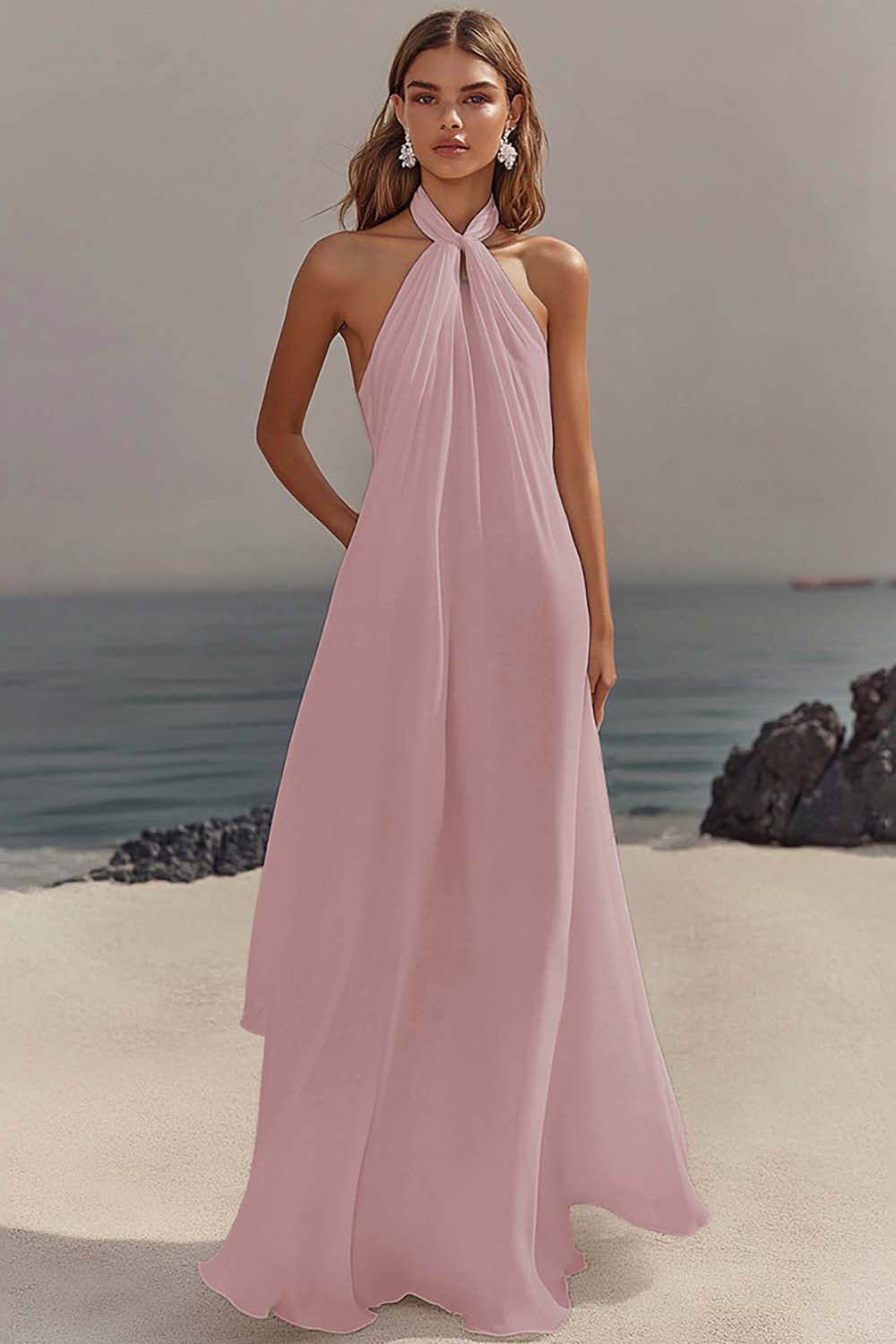 Flowy Sky Blue Chiffon A Line Halter Backless Long Prom Dress