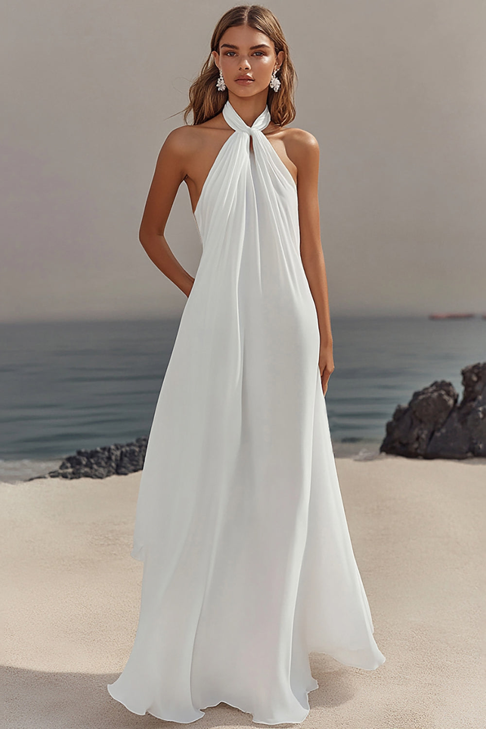 Flowy Sky Blue Chiffon A Line Halter Backless Long Prom Dress