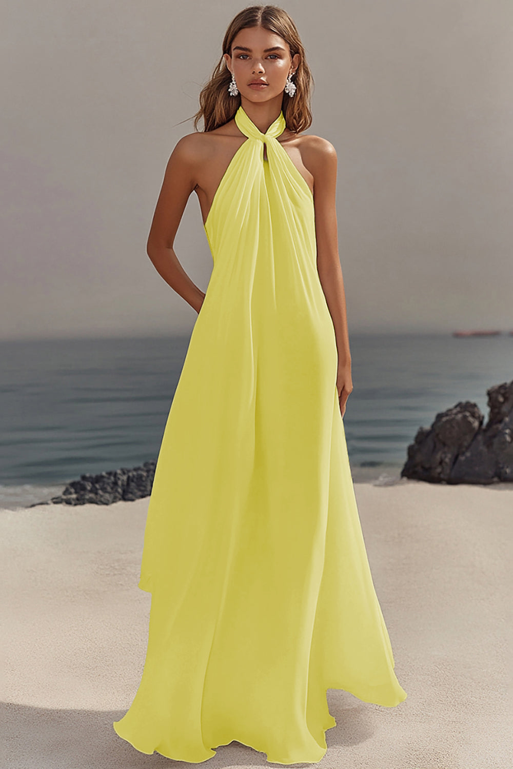 Flowy Sky Blue Chiffon A Line Halter Backless Long Prom Dress