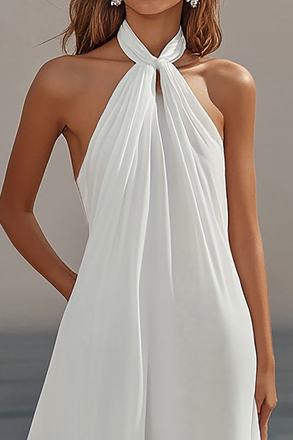 Flowy Sky Blue Chiffon A Line Halter Backless Long Prom Dress