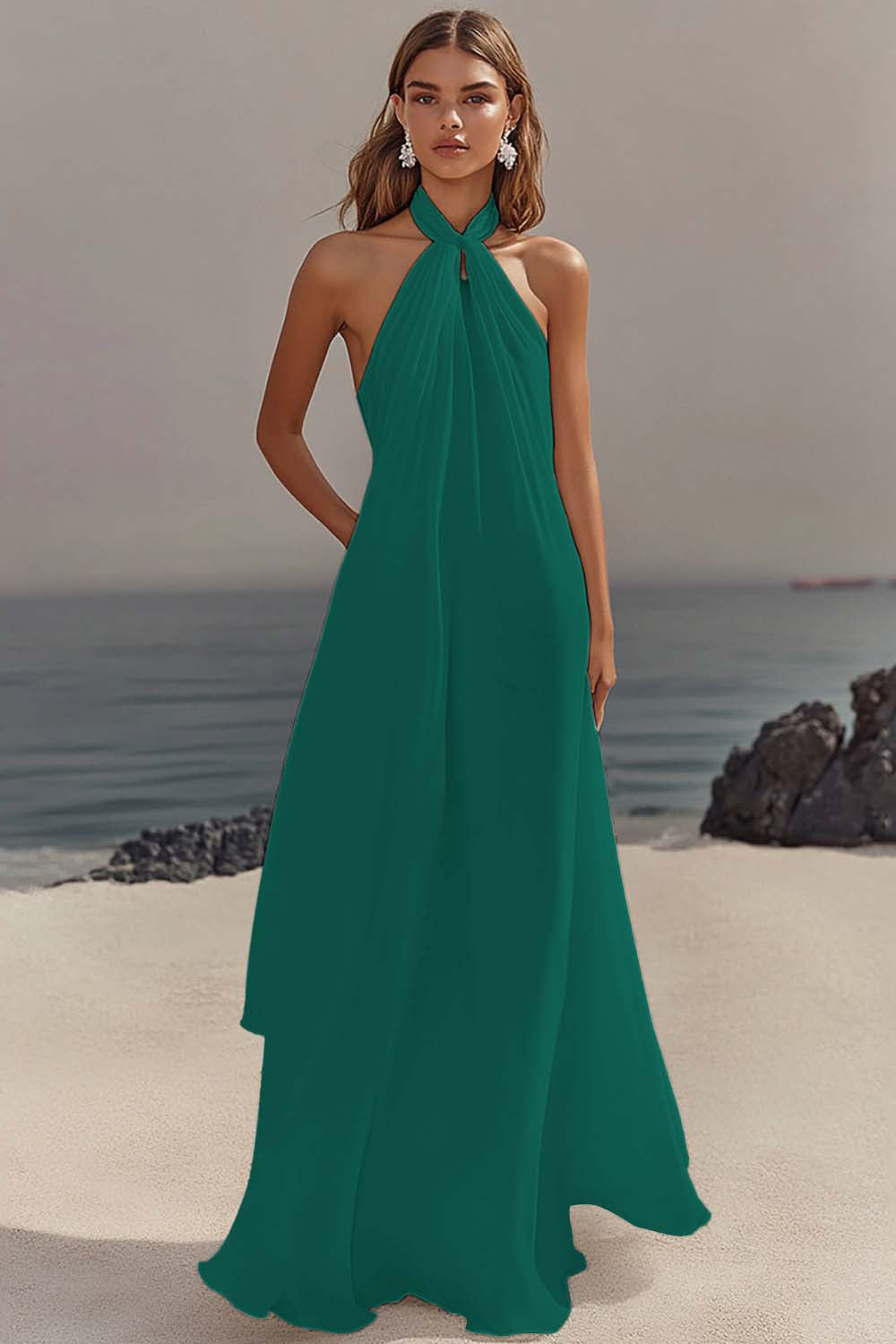 Flowy Sky Blue Chiffon A Line Halter Backless Long Prom Dress