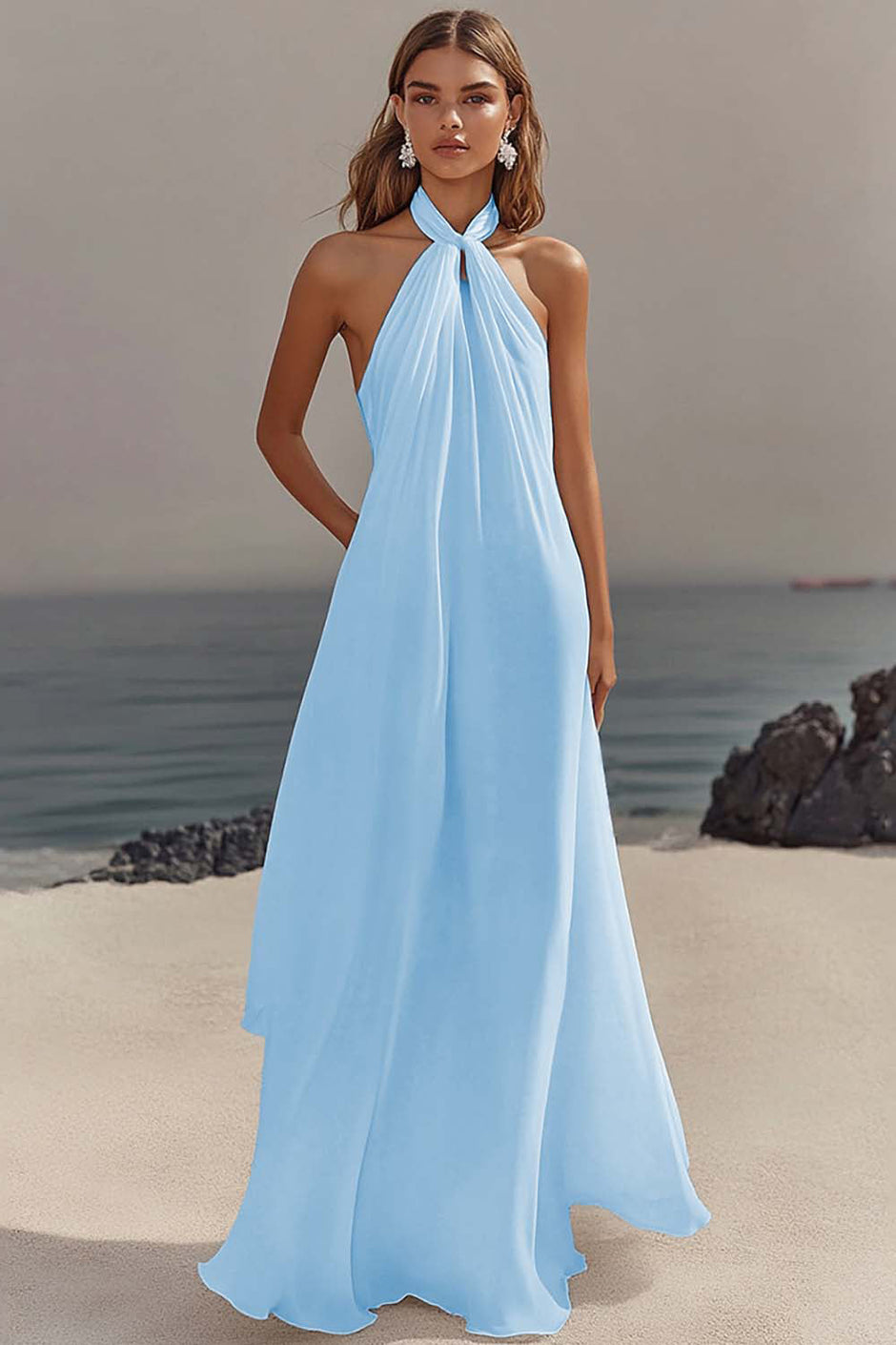 Flowy Sky Blue Chiffon A Line Halter Backless Long Prom Dress –