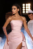 Flushing Pink Sweetheart Front Slit A-Line Satin Prom Dress with Sheen-misshow.com