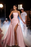 Flushing Pink Sweetheart Front Slit A-Line Satin Prom Dress with Sheen-misshow.com
