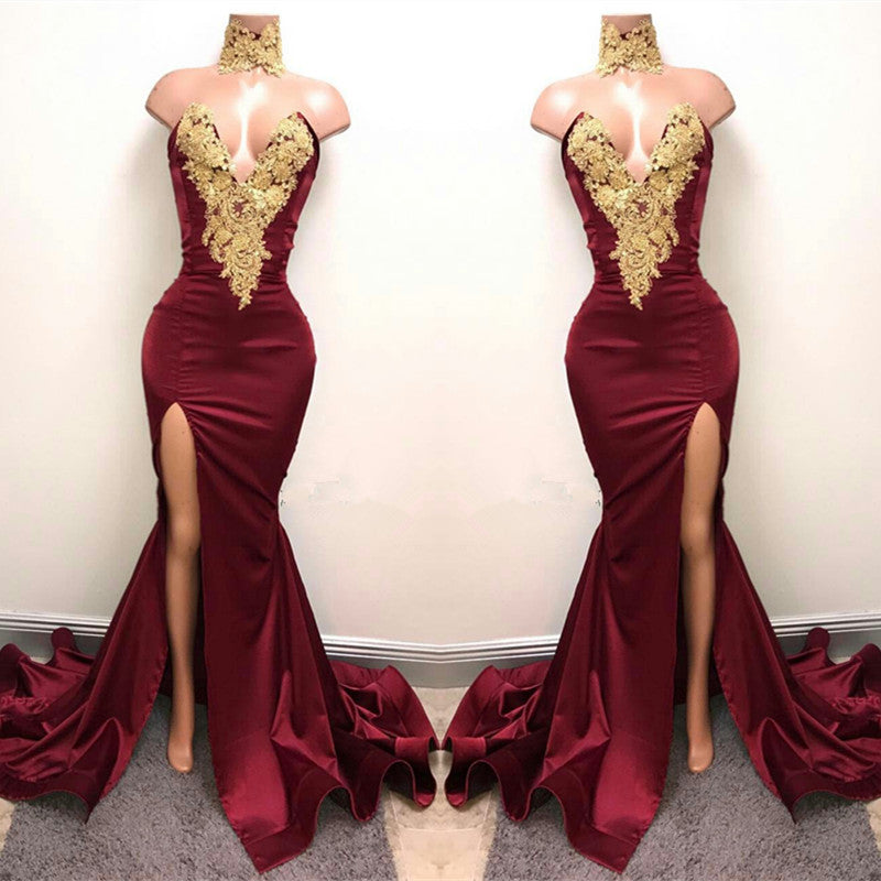 Front-Split High Neck Mermaid Burgundy Lace Appliques Prom Dresses-misshow.com
