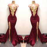 Front-Split High Neck Mermaid Burgundy Lace Appliques Prom Dresses-misshow.com