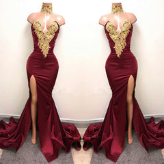 Front-Split High Neck Mermaid Burgundy Lace Appliques Prom Dresses-misshow.com