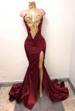 Front-Split High Neck Mermaid Burgundy Lace Appliques Prom Dresses