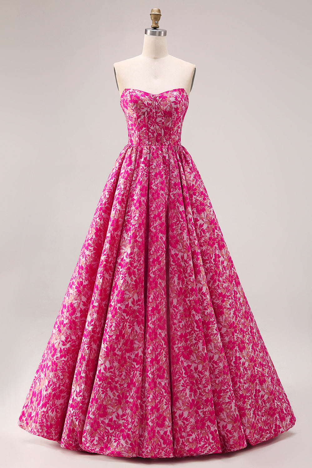 Fuchsia Floral Ball Gown Strapless Long Corset Prom Dress
