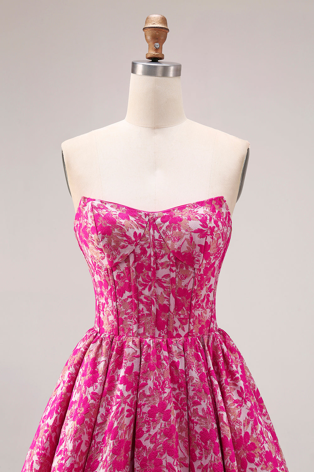 Fuchsia Floral Ball Gown Strapless Long Corset Prom Dress