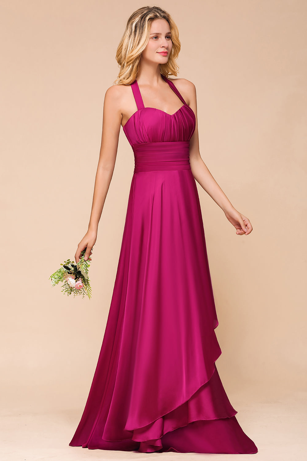 Fuchsia Halter Chiffon Bridesmaid dresses Long