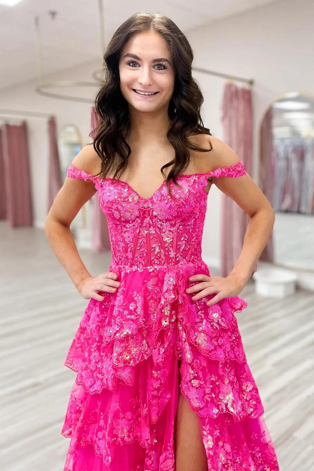 Fuchsia Princess Off the Shoulder Long Tiered Corset Prom Dress with Sequins
