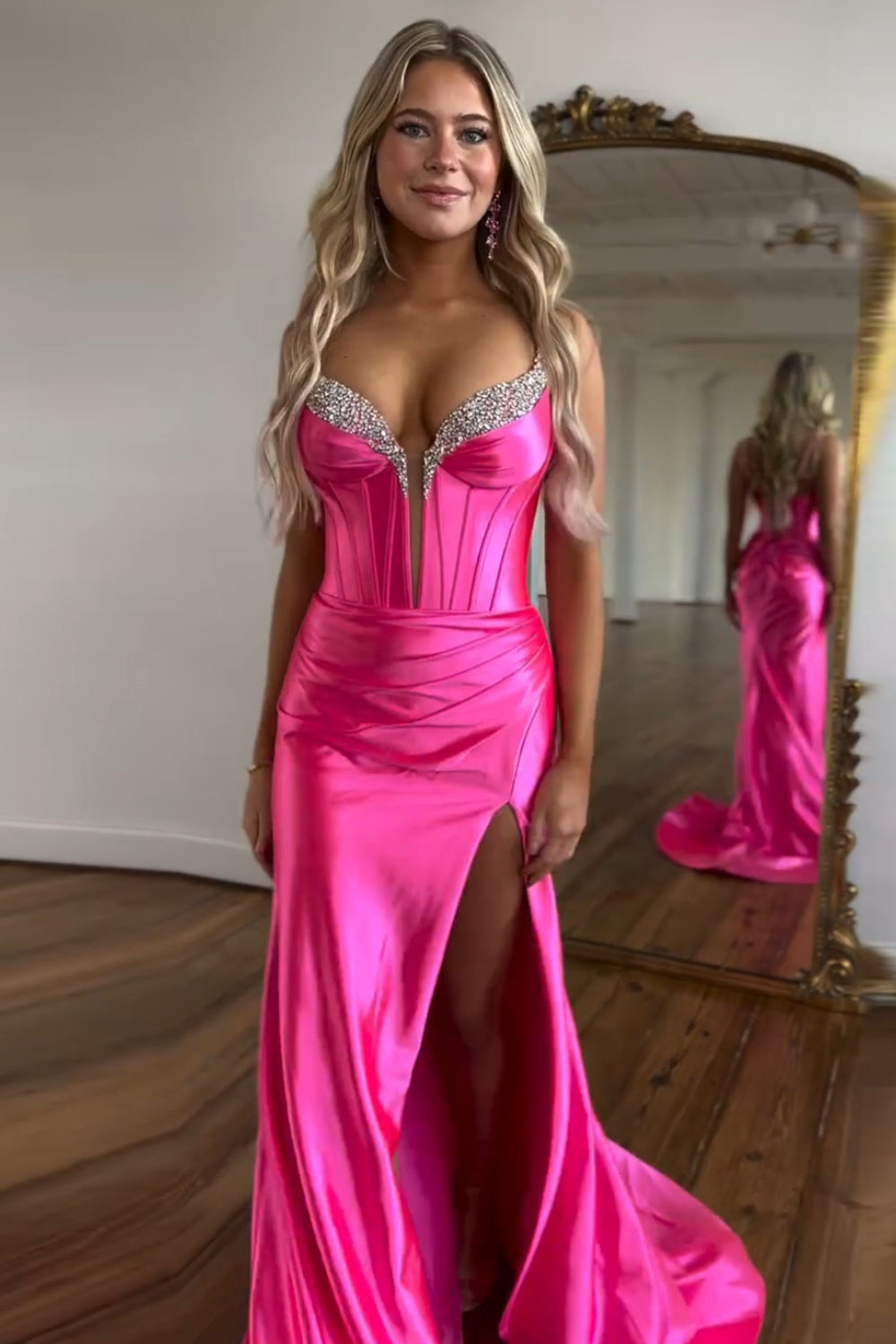 Fuchsia Spaghetti Straps Satin Long Corset Prom Dress with Beading