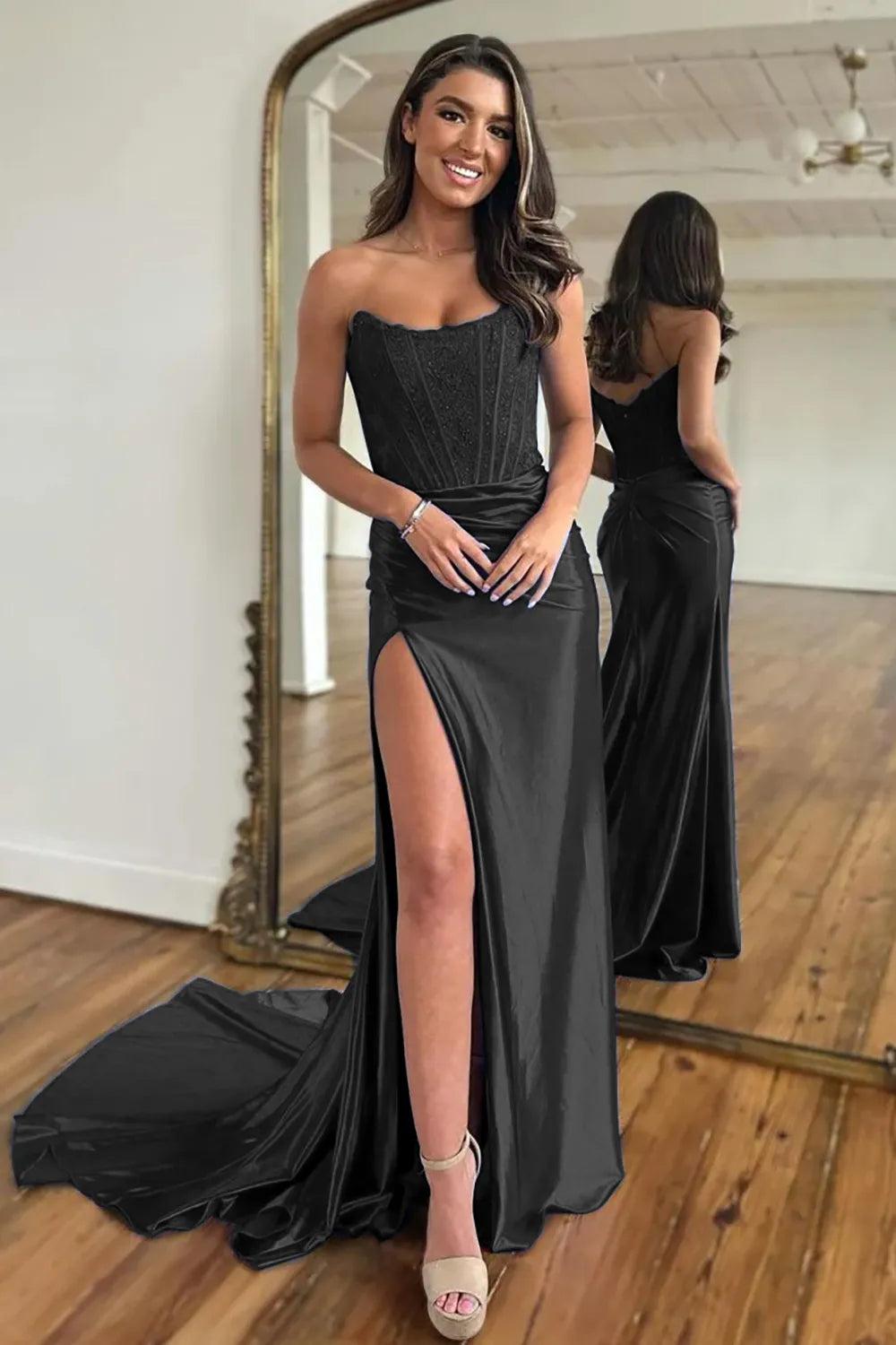 Fuchsia Strapless Corset Mermaid Long Satin Prom Dress with Slit