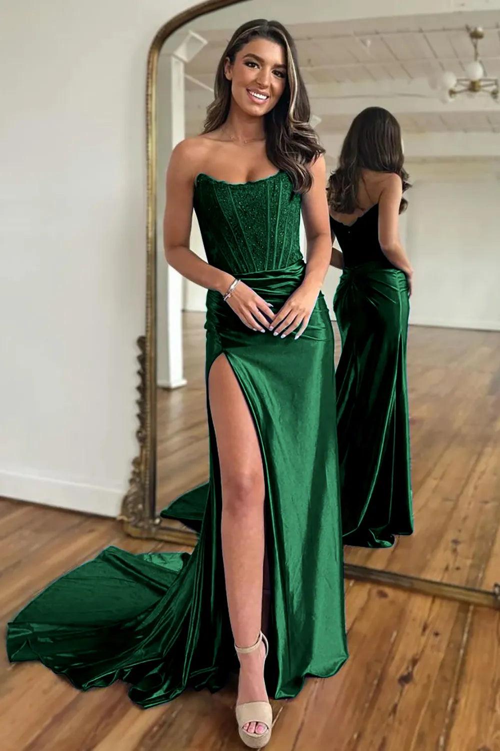 Fuchsia Strapless Corset Mermaid Long Satin Prom Dress with Slit
