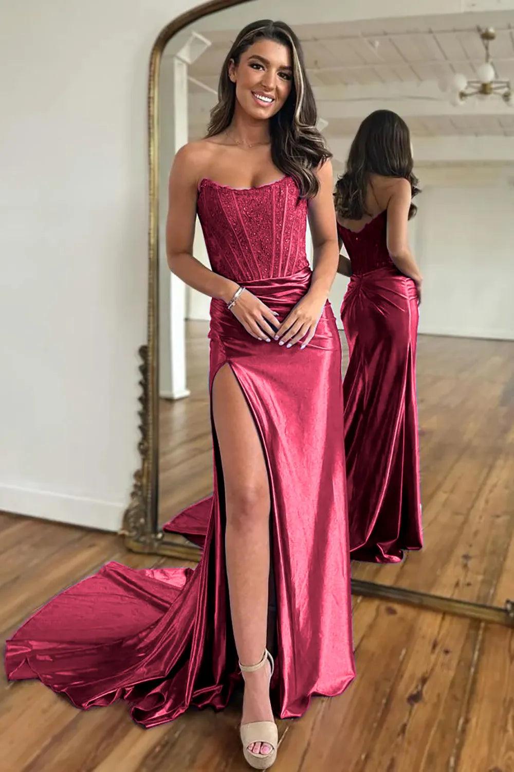 Fuchsia Strapless Corset Mermaid Long Satin Prom Dress with Slit