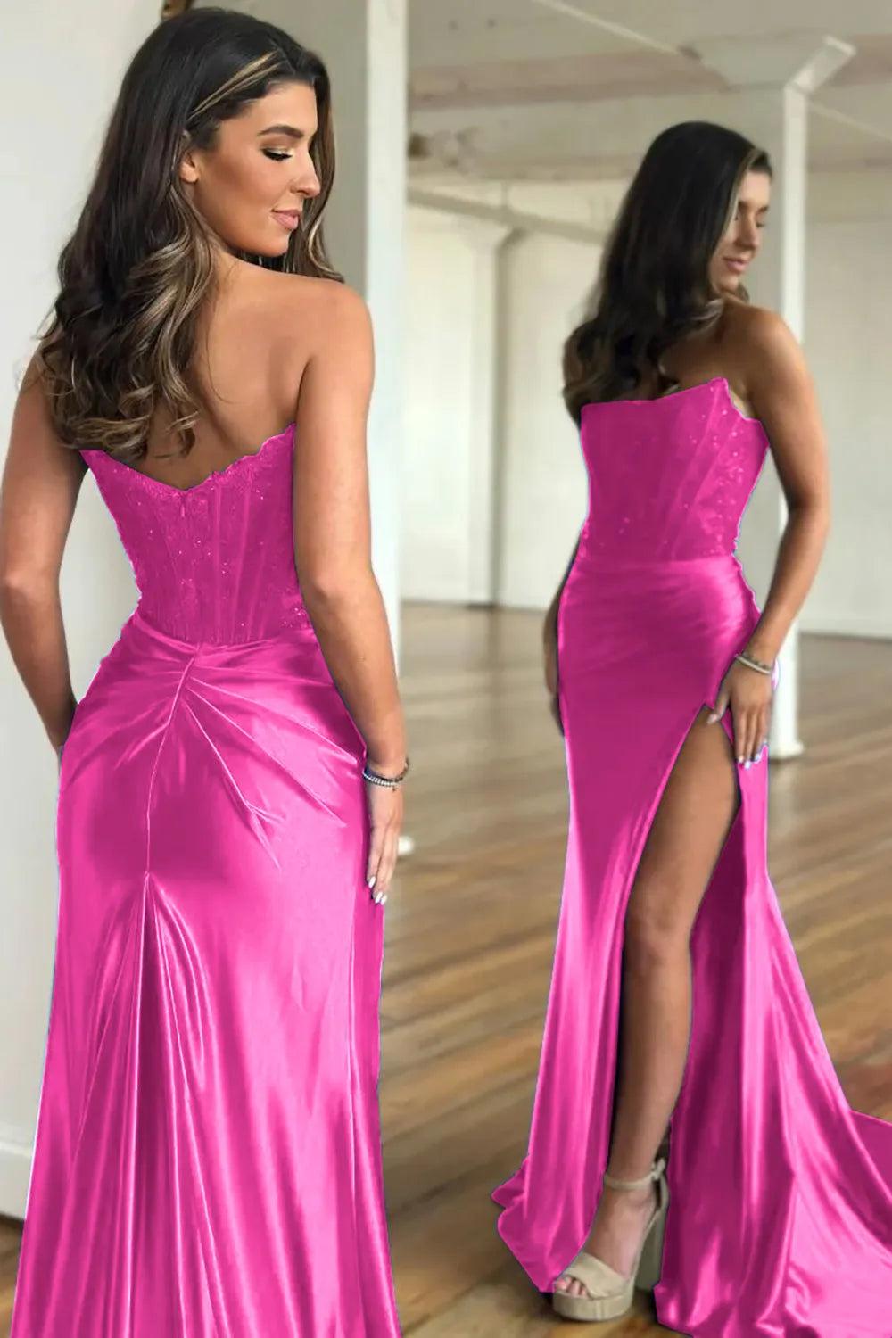 Fuchsia Strapless Corset Mermaid Long Satin Prom Dress with Slit