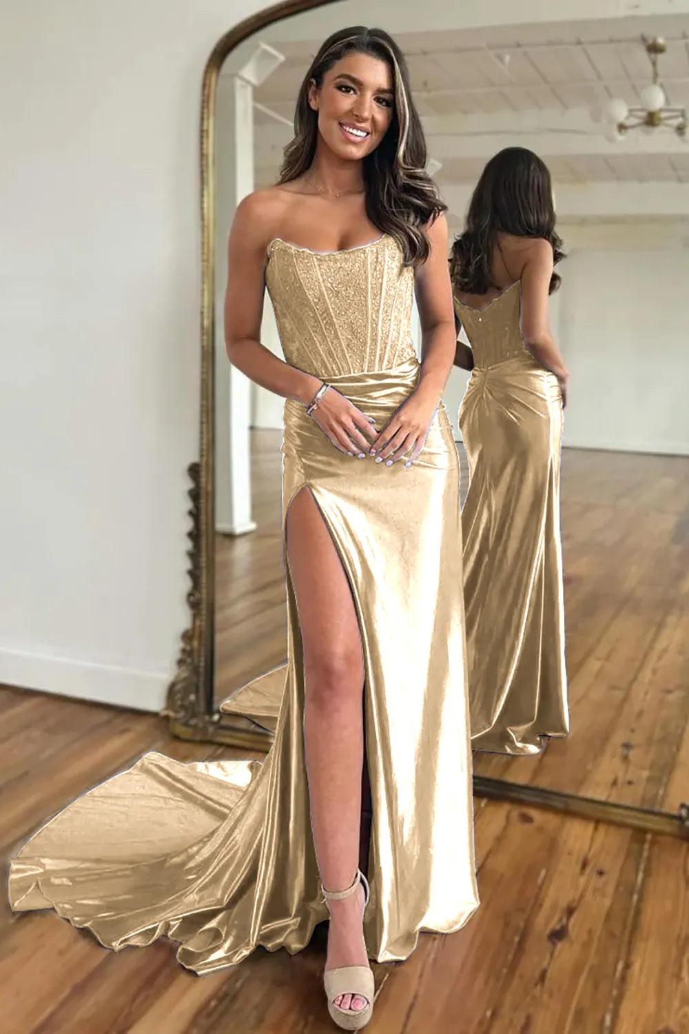 Fuchsia Strapless Corset Mermaid Long Satin Prom Dress with Slit