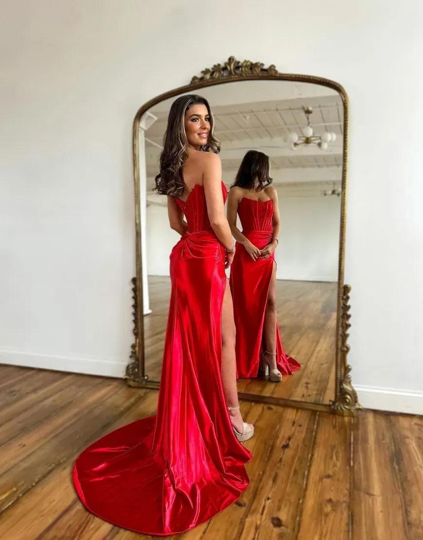 Fuchsia Strapless Corset Mermaid Long Satin Prom Dress with Slit