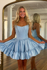 Strapless Pearl Beaded Corset Homecoming Dress Sweetheart Ruffle A-line Mini Skirt