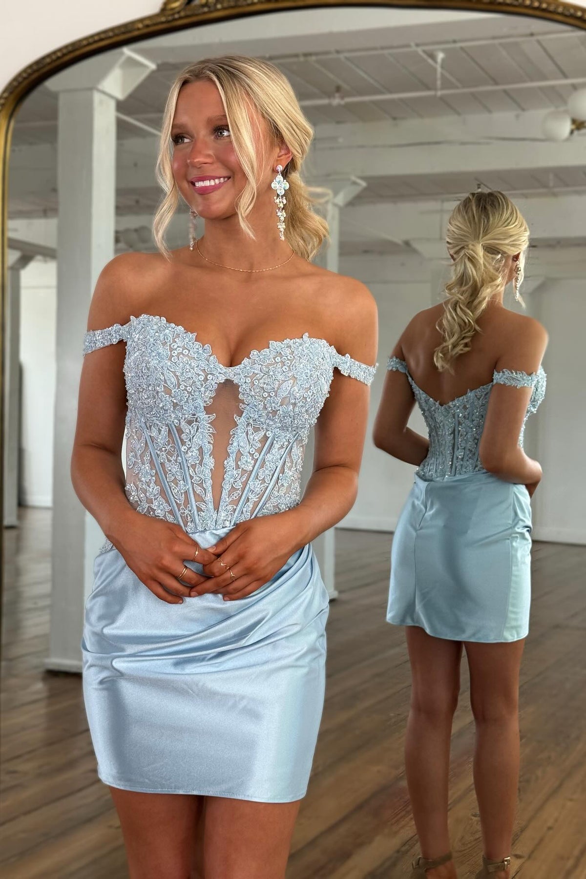 Off Shoulder Lace Applique Corset Homecoming Dress Sweetheart Sheer Boned Bodice Satin Mini Skirt