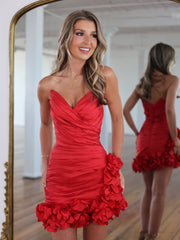 Sweetheart Strapless Criss Cross Ruched Bodycon Homecoming Dress 3D Petal Ruffle Hem Open Back