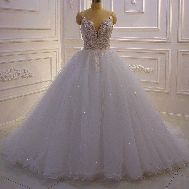 Glamorous A-line V-neck Sleeveless Wedding Dress With Lace-misshow.com